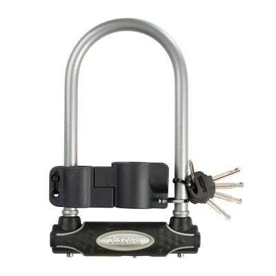 11cm wide hardened steel u lock with 21cm shackle length; assorted colours