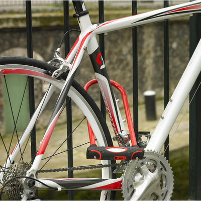 11cm wide hardened steel u lock with 21cm shackle length; assorted colours