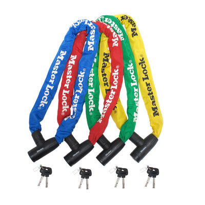 90cm long x 8mm diameter hardened steel chain with integrated keyed lock; assorted colours