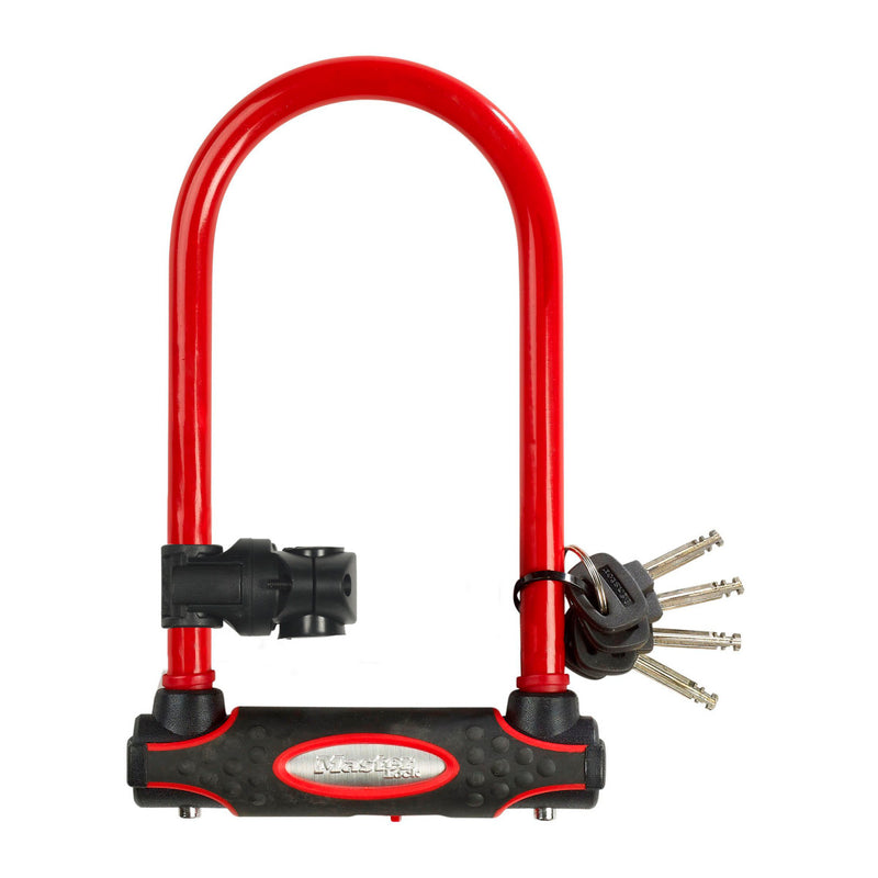 11cm wide hardened steel u lock with 21cm shackle length; red