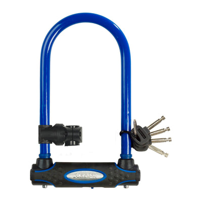 11cm wide hardened steel u lock with 21cm shackle length; assorted colours