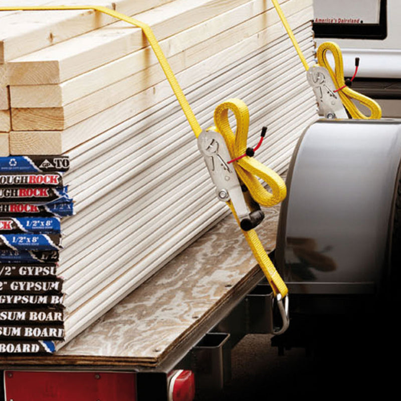 4,50m x 35mm ratchet tie down with j hooks; yellow