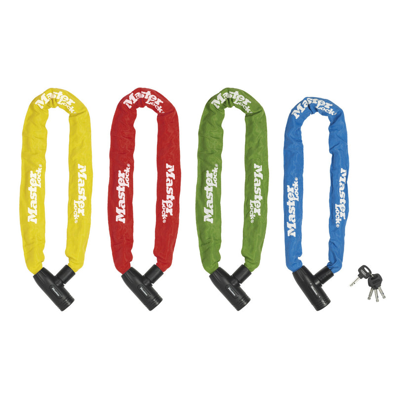 90cm long x 8mm diameter hardened steel chain with integrated keyed lock; assorted colours