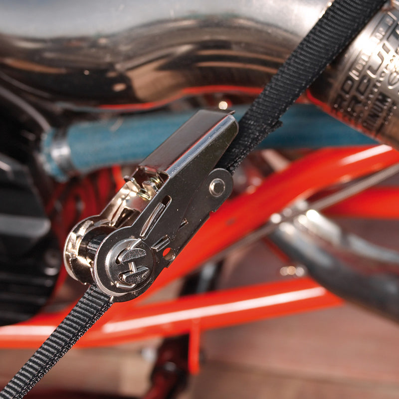 5m x 25mm ratchet tie down with s hooks; black