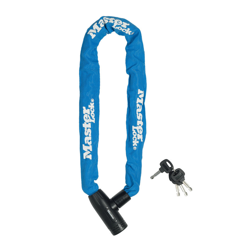 90cm long x 8mm diameter hardened steel chain with integrated keyed lock; blue