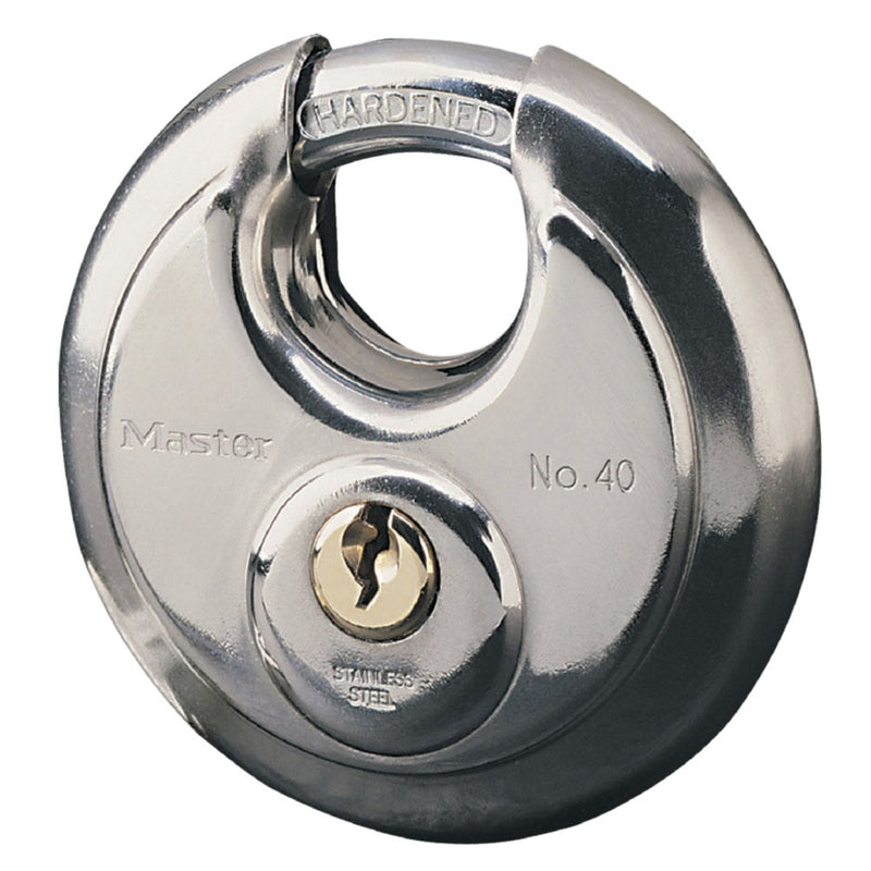 70mm wide stainless steel discus padlock with shrouded shackle