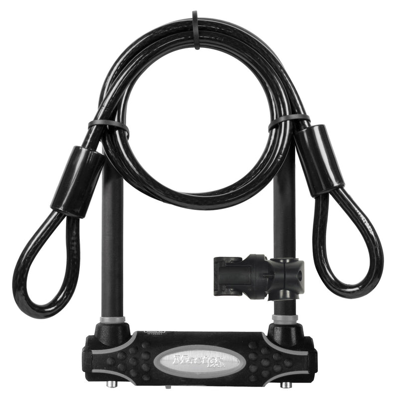 11cm wide hardened steel u lock with 21cm shackle length with 1,2m long x 10mm diameter end looped cable; black