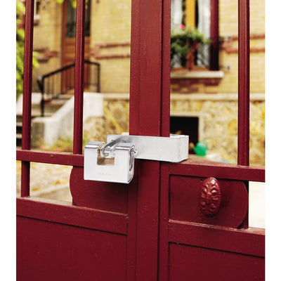 90mm wide rectangular hardened steel armoured body padlock; shrouded shackle