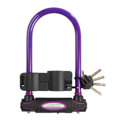 11cm wide hardened steel u lock with 21cm shackle length; assorted colours