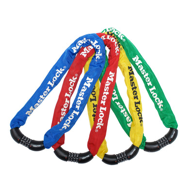 90cm long x 8mm diameter hardened steel chain with integrated set your own combination lock; assorted colours