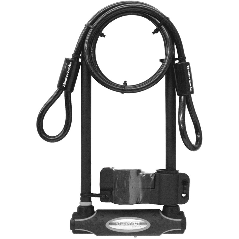 11cm wide hardened steel u lock with 28cm shackle length with 1,2m long x 10mm diameter end looped cable; black