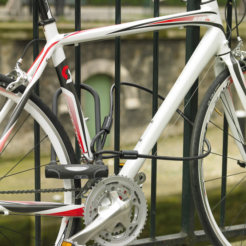 11cm wide hardened steel u lock with 28cm shackle length with 1,2m long x 10mm diameter end looped cable; black