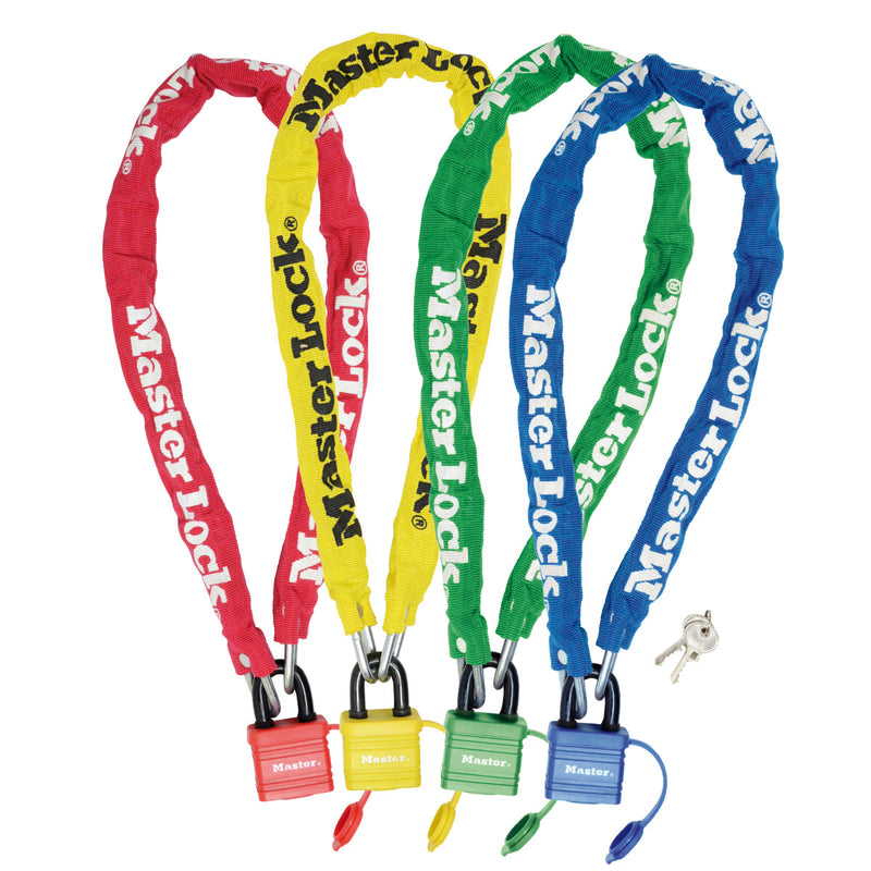90cm long x 6mm hardened steel chain with 40mm laminated steel padlock; assorted colours