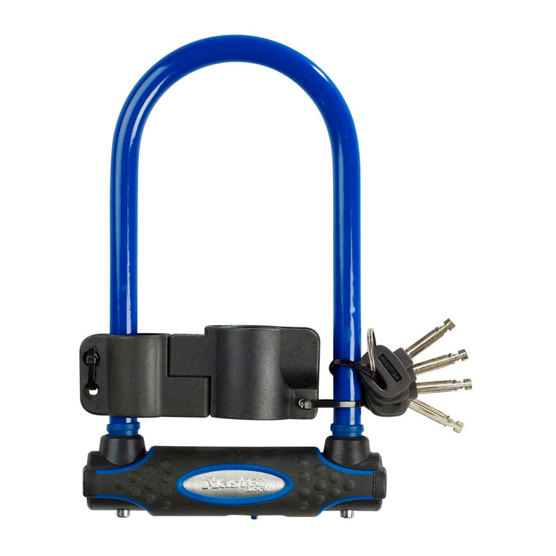11cm wide hardened steel u lock with 21cm shackle length; assorted colours