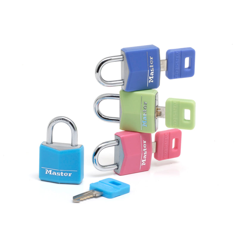 20mm wide covered solid body padlock, assorted colours; 4 pack