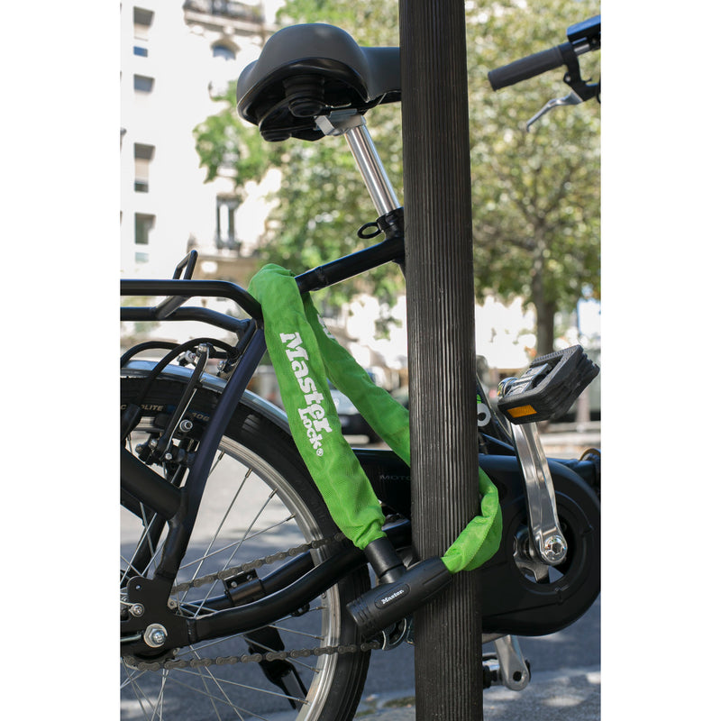 90cm long x 8mm diameter hardened steel chain with integrated keyed lock; assorted colours