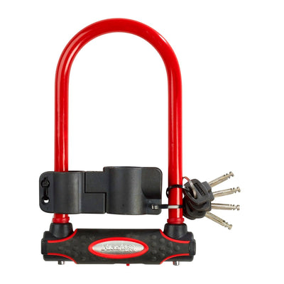 11cm wide hardened steel u lock with 21cm shackle length; assorted colours