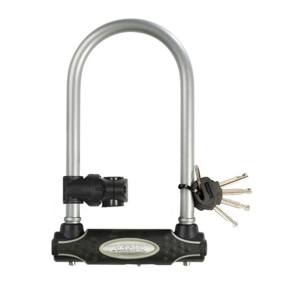 11cm wide hardened steel u lock with 21cm shackle length; assorted colours