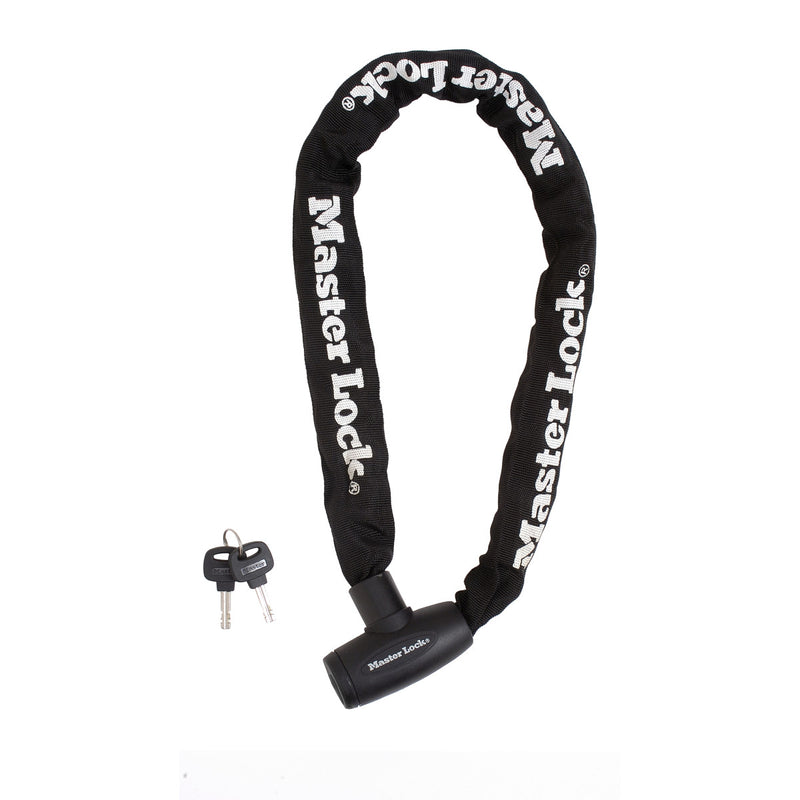 90cm long x 8mm diameter hardened steel chain with integrated keyed lock; black