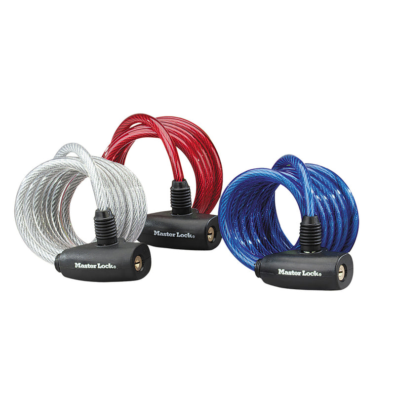 1,8m long x 8mm diameter keyed cable lock; assorted colours