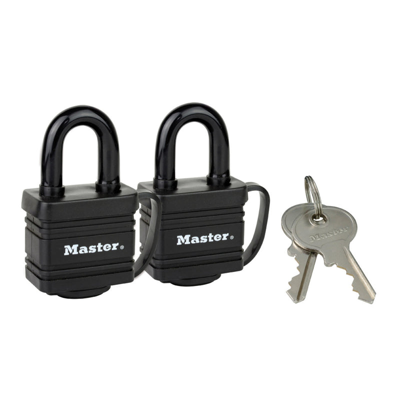 2 x 40mm wide covered laminated steel pin tumbler padlocks; black