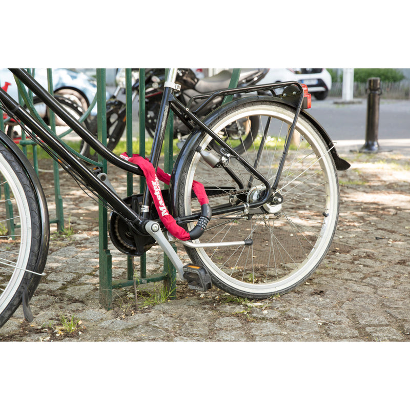 90cm long x 8mm diameter hardened steel chain with integrated set your own combination lock; red