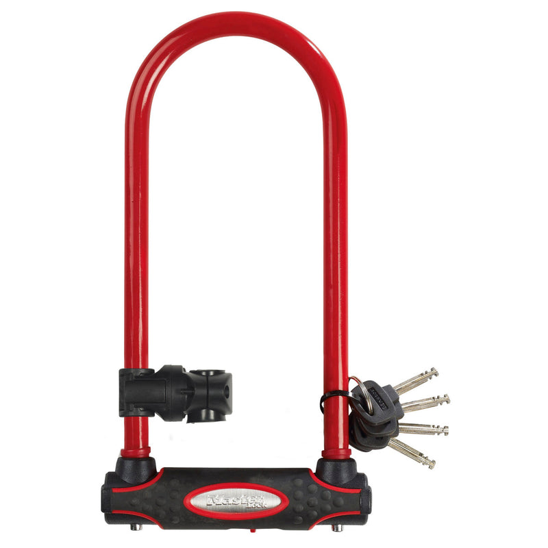 11cm wide hardened steel u lock with 28cm shackle length; red