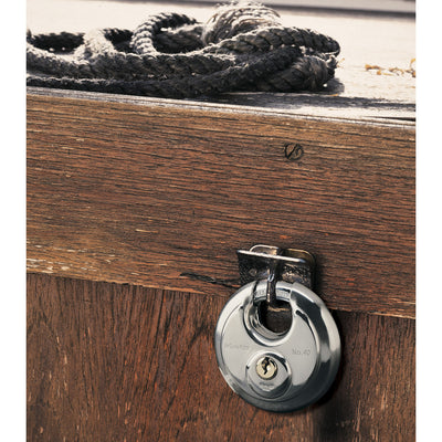 70mm wide stainless steel discus padlock with shrouded shackle