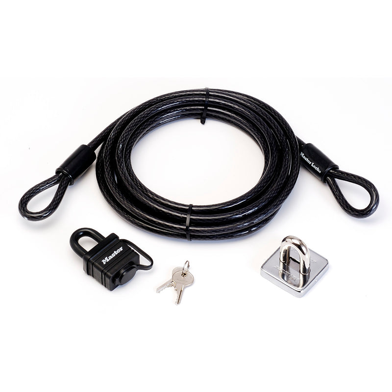 4,5m long x 10mm diameter looped end cable with weather resistant padlock and wall anchor; black
