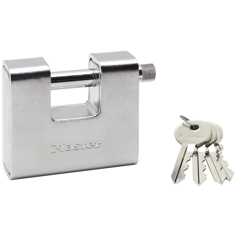 80mm wide rectangular hardened steel armoured body padlock; shrouded shackle