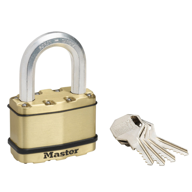 64mm wide Excell® laminated steel padlock with 38mm long shackle; brass finish