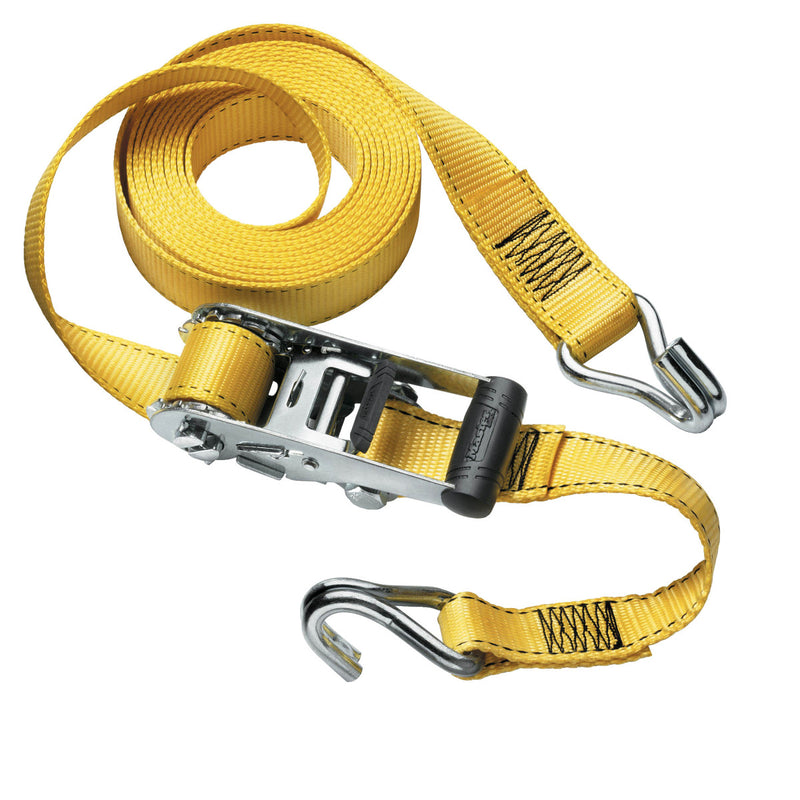 4,50m x 35mm ratchet tie down with j hooks; yellow