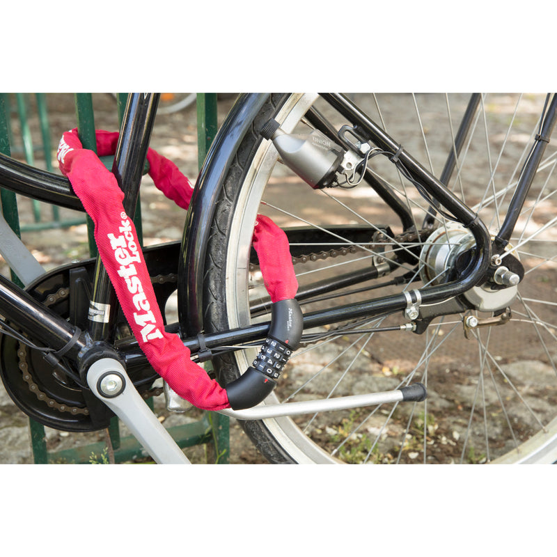 90cm long x 8mm diameter hardened steel chain with integrated set your own combination lock; red