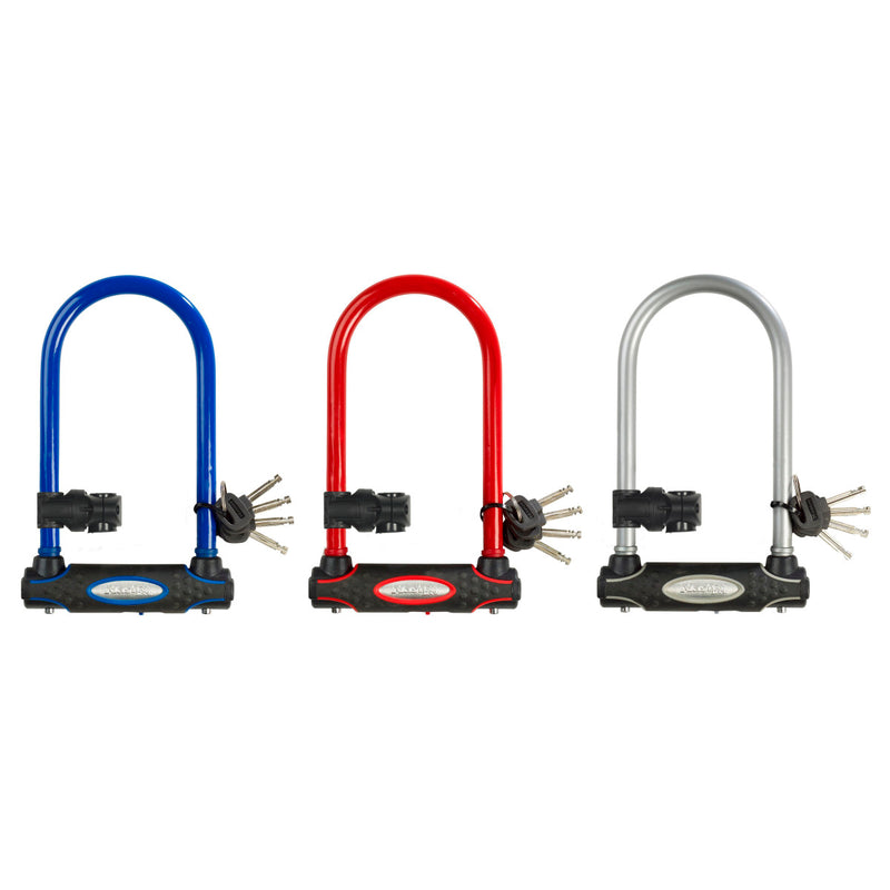 11cm wide hardened steel u lock with 21cm shackle length; assorted colours
