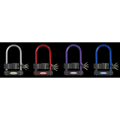 11cm wide hardened steel u lock with 21cm shackle length; assorted colours