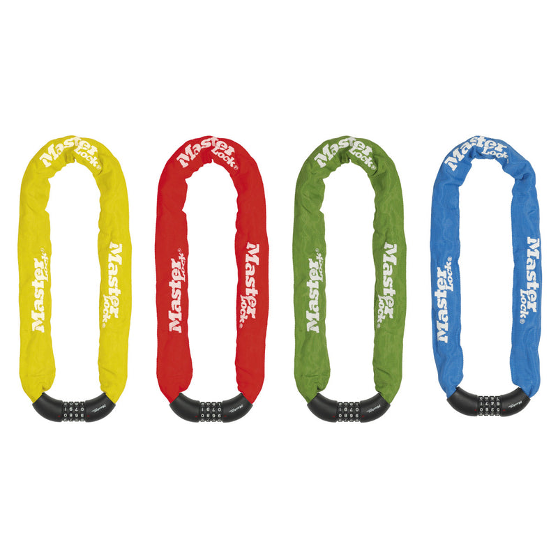 90cm long x 8mm diameter hardened steel chain with integrated set your own combination lock; assorted colours