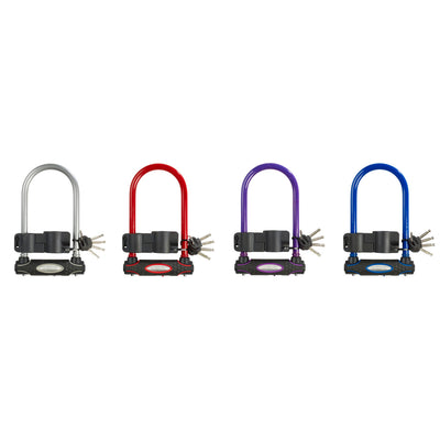11cm wide hardened steel u lock with 21cm shackle length; assorted colours