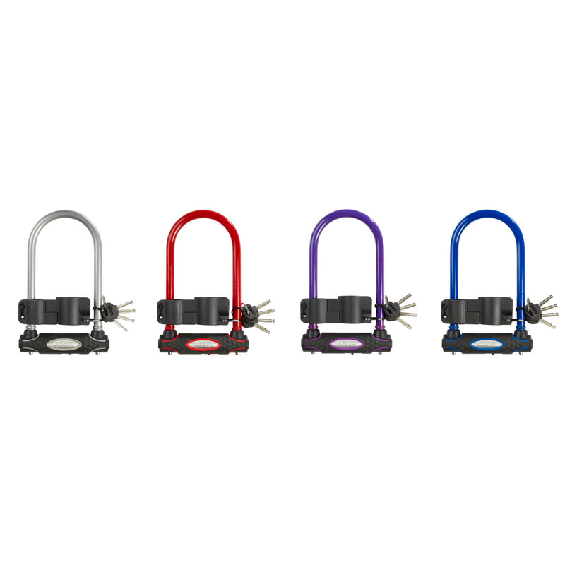 11cm wide hardened steel u lock with 21cm shackle length; assorted colours