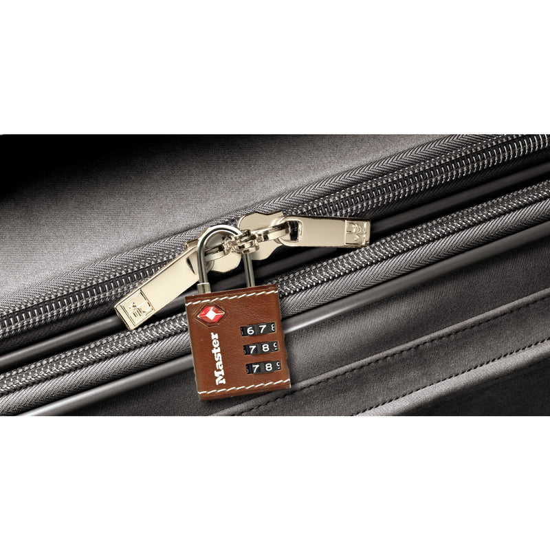 32mm wide set your own combination TSA Approved luggage padlock; brown leather