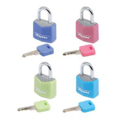 20mm wide covered solid body padlock, assorted colours; 4 pack