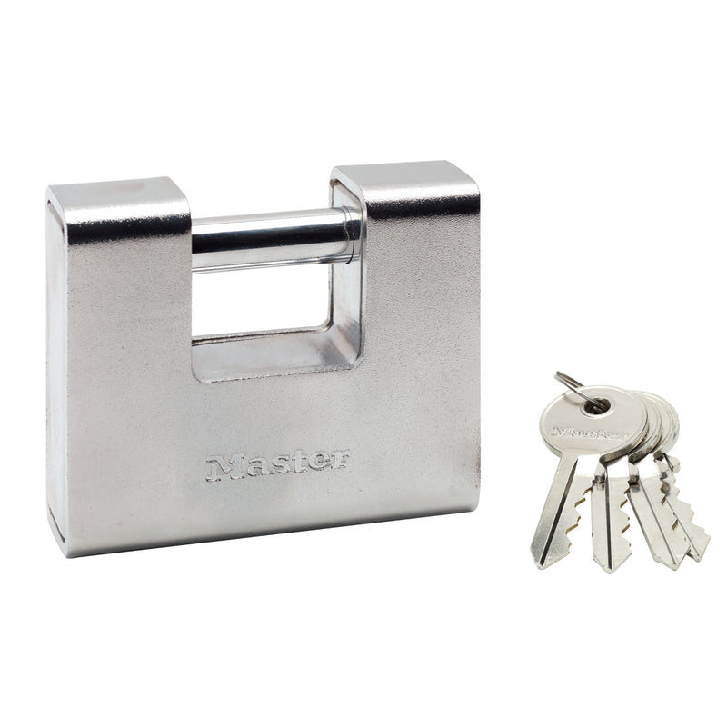 90mm wide rectangular hardened steel armoured body padlock; shrouded shackle