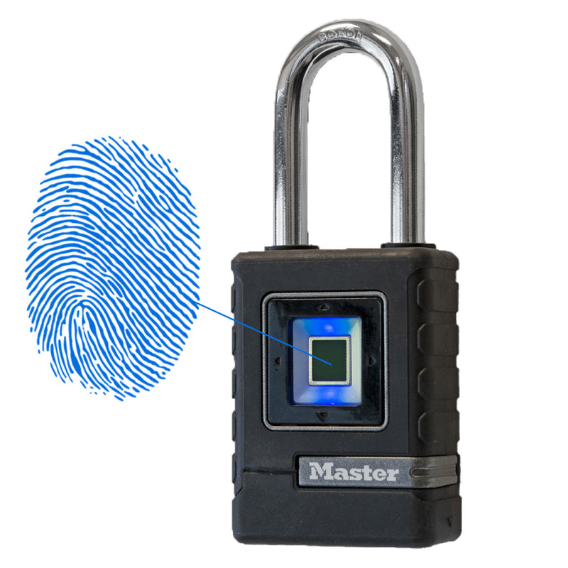 MASTER LOCK Biometrisches Hochleistungs-Vorhängeschloss [wetterfest] [Fingerabdruckschloss und Back-Up Richtungsschloss] [langer Bügel] 4901EURDLHCC - Ideal für Außenanwendungen