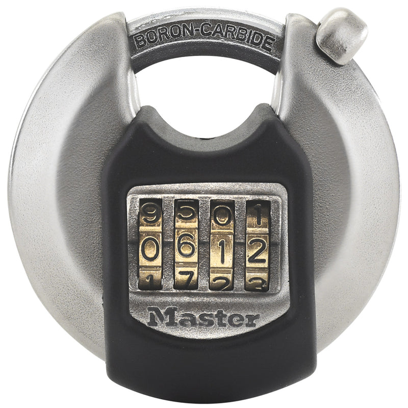 Lucchetto a disco in zinco Excell® largo 70 mm con grillo rivestito; impostazione della combinazione personalizzata