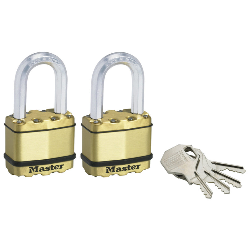 52 mm breed Excell® gelamineerd stalen hangslot met 38 mm lange sluiting; messing afwerking; set van 2 stuks